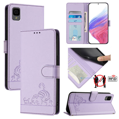 TCL 30Z T602DL Leather Phone Case with Cat and Rat Embossed Pattern, RFID Protection, Card Holder Slots, Anti-fall Feature & Lanyard
