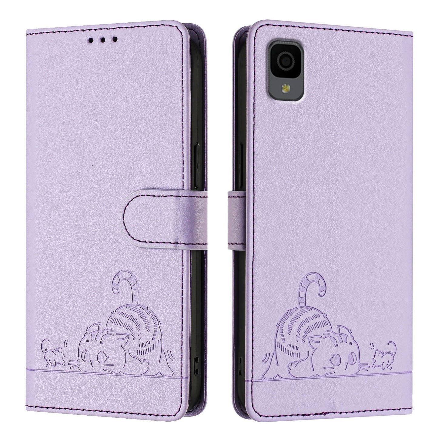 TCL 30Z T602DL Leather Phone Case with Cat and Rat Embossed Pattern, RFID Protection, Card Holder Slots, Anti-fall Feature & Lanyard
