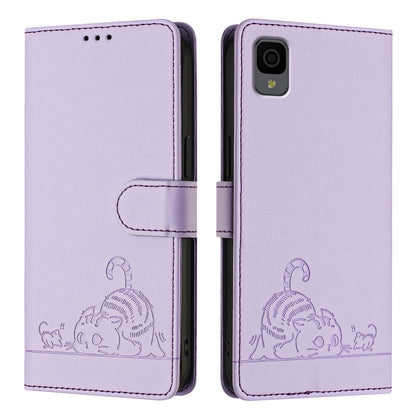 TCL 30Z T602DL Leather Phone Case with Cat and Rat Embossed Pattern, RFID Protection, Card Holder Slots, Anti-fall Feature & Lanyard