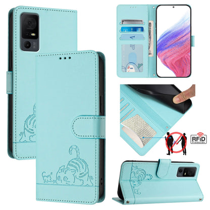 TCL 40 XL Leather Phone Case with Cat and Rat Embossed Pattern, RFID Protection, Card Holder Slots, Anti-fall Feature & Lanyard
