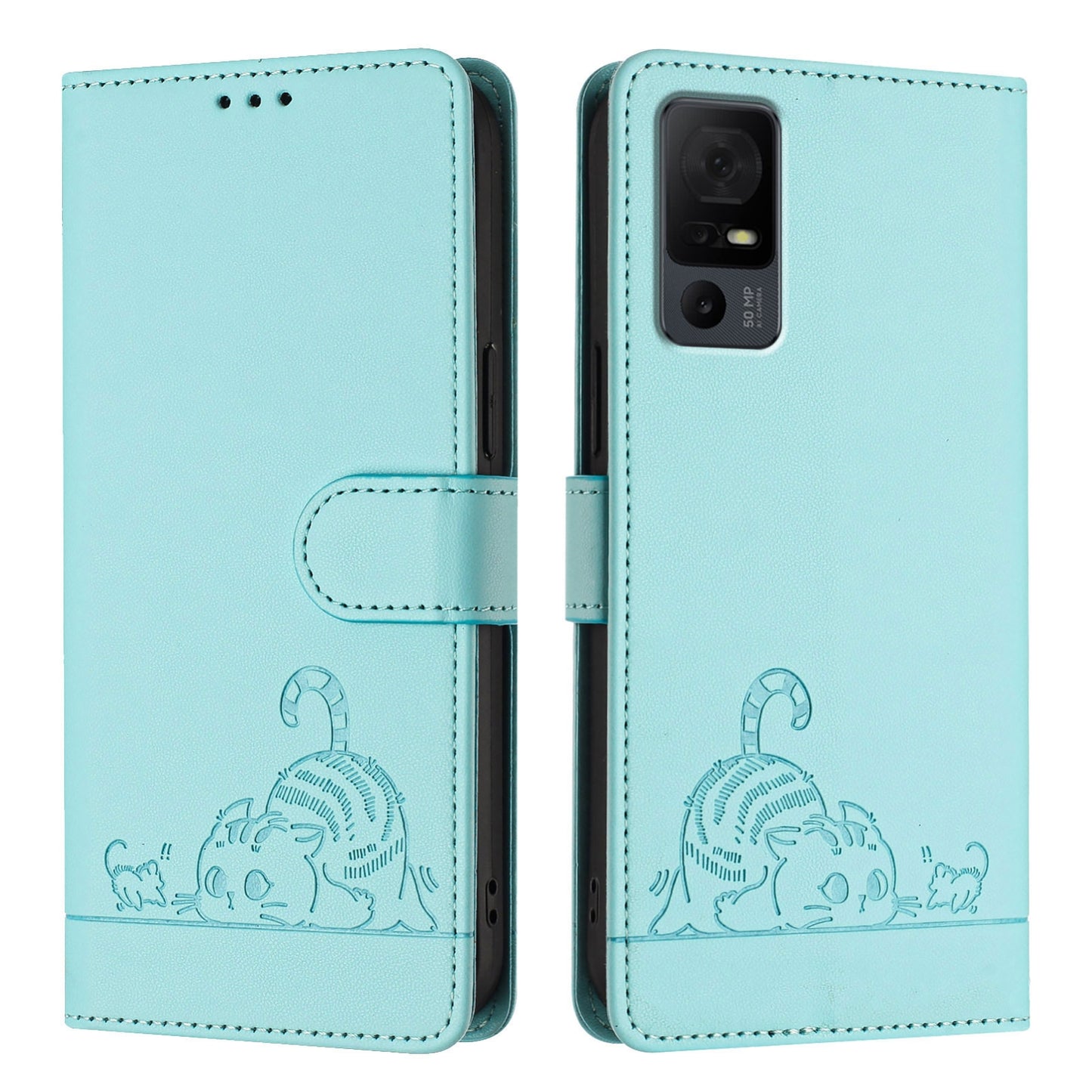 TCL 40 T T608DL Leather Phone Case with Cat and Rat Embossed Pattern, RFID Protection, Card Holder Slots, Anti-fall Feature & Lanyard
