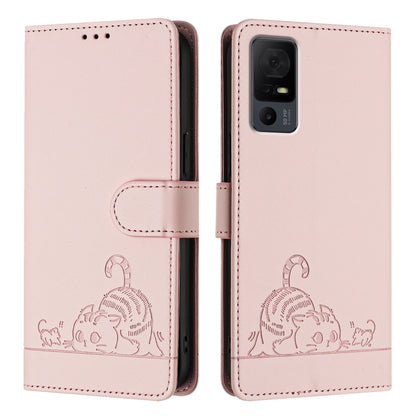 TCL 40 XL Leather Phone Case with Cat and Rat Embossed Pattern, RFID Protection, Card Holder Slots, Anti-fall Feature & Lanyard