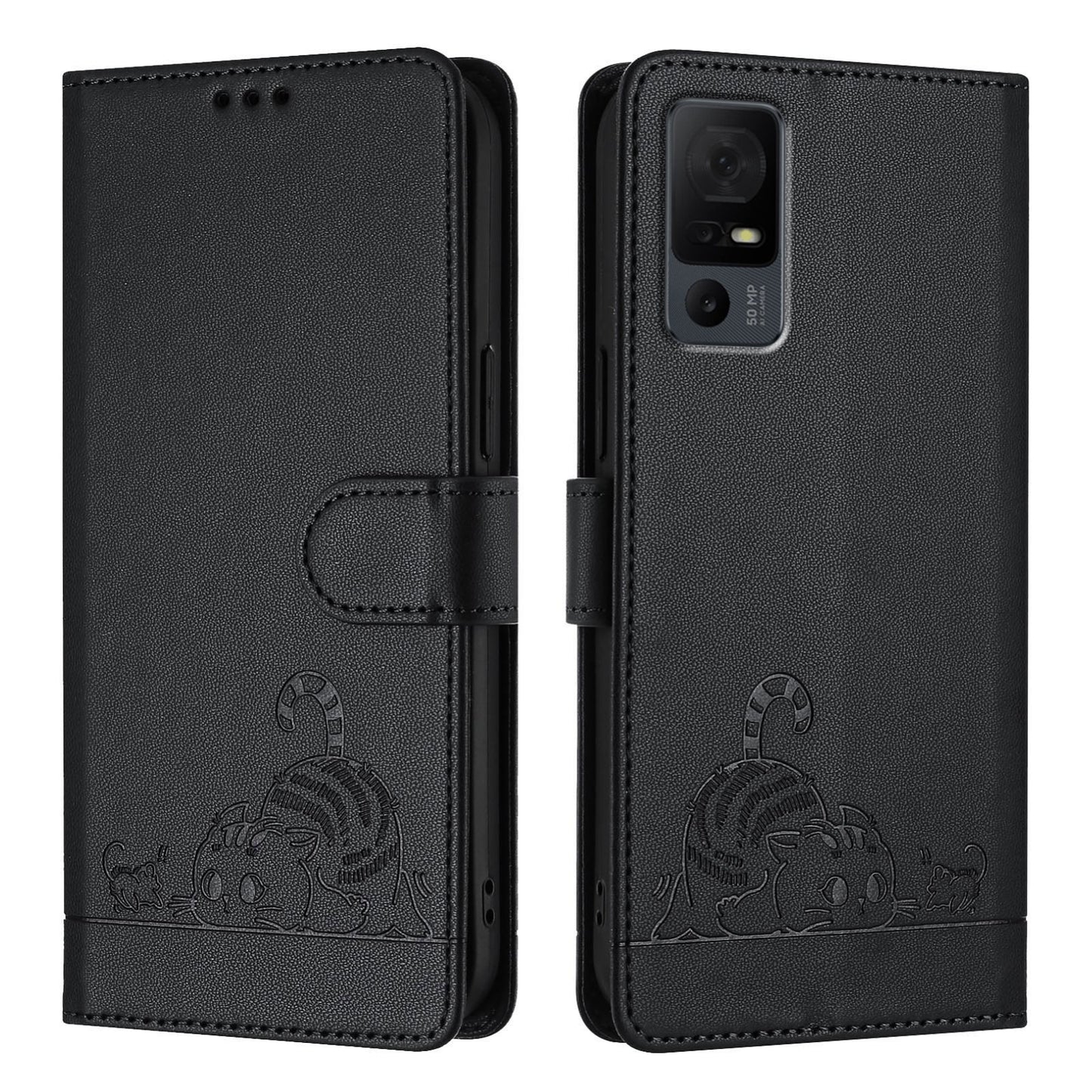 TCL 40 XL Leather Phone Case with Cat and Rat Embossed Pattern, RFID Protection, Card Holder Slots, Anti-fall Feature & Lanyard