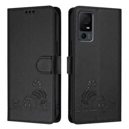TCL 40 XL Leather Phone Case with Cat and Rat Embossed Pattern, RFID Protection, Card Holder Slots, Anti-fall Feature & Lanyard
