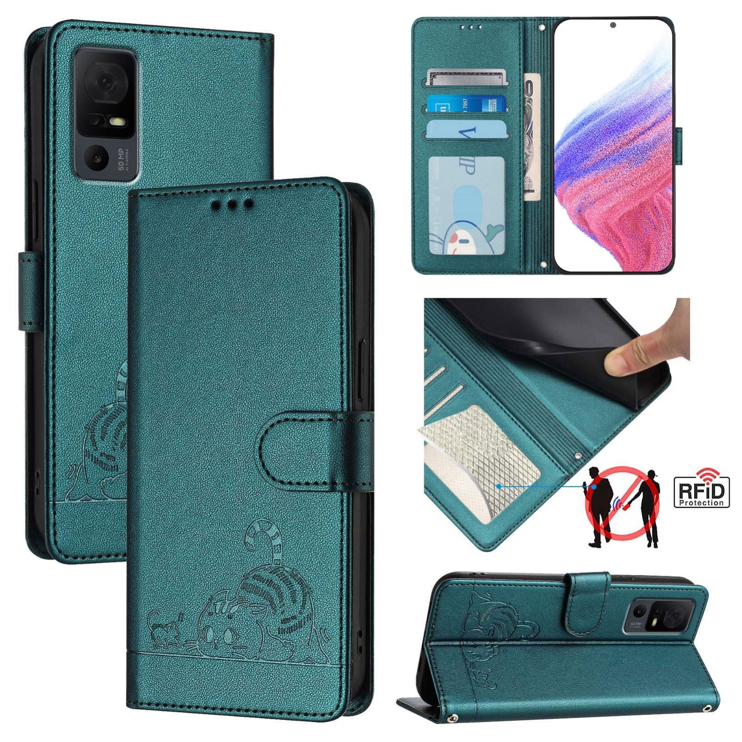 TCL 40 XL Leather Phone Case with Cat and Rat Embossed Pattern, RFID Protection, Card Holder Slots, Anti-fall Feature & Lanyard