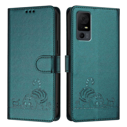 TCL 40 XL Leather Phone Case with Cat and Rat Embossed Pattern, RFID Protection, Card Holder Slots, Anti-fall Feature & Lanyard