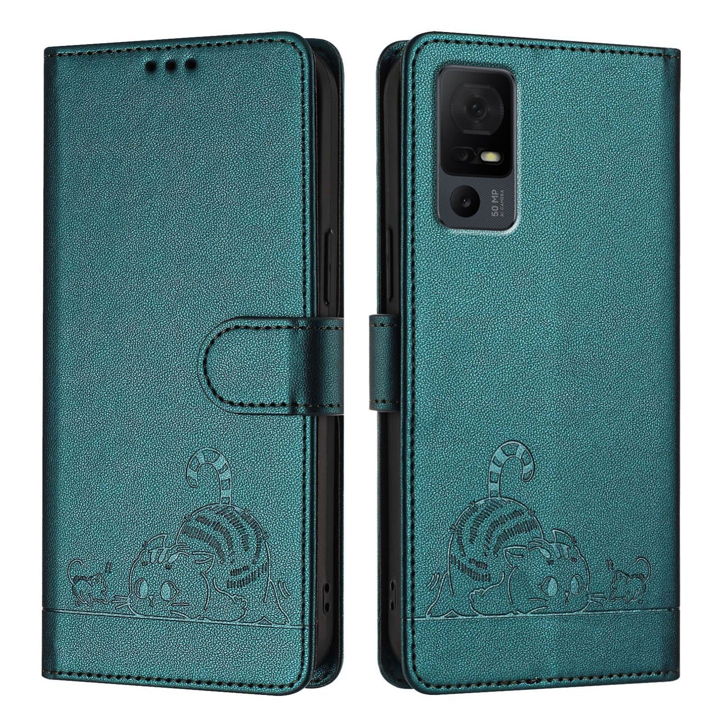 TCL 40 T T608DL Leather Phone Case with Cat and Rat Embossed Pattern, RFID Protection, Card Holder Slots, Anti-fall Feature & Lanyard