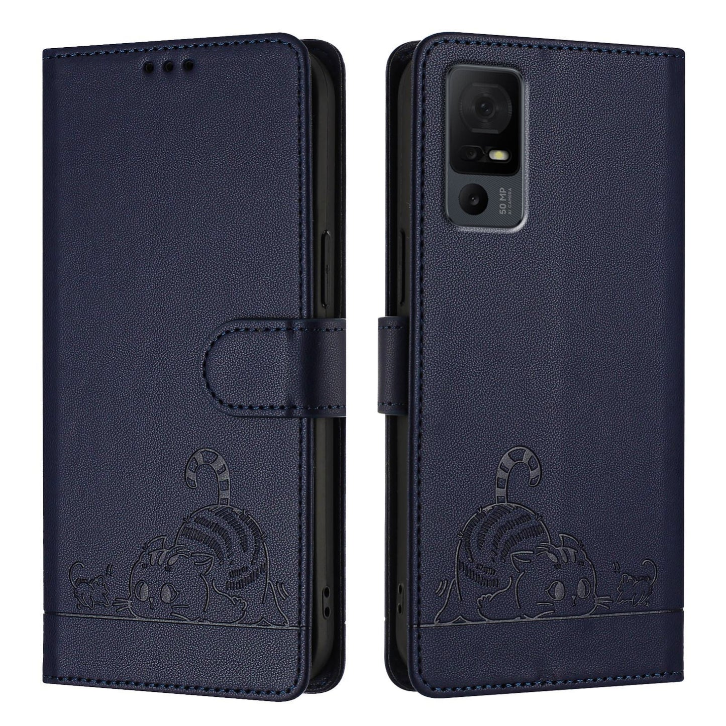 TCL 40 XL Leather Phone Case with Cat and Rat Embossed Pattern, RFID Protection, Card Holder Slots, Anti-fall Feature & Lanyard