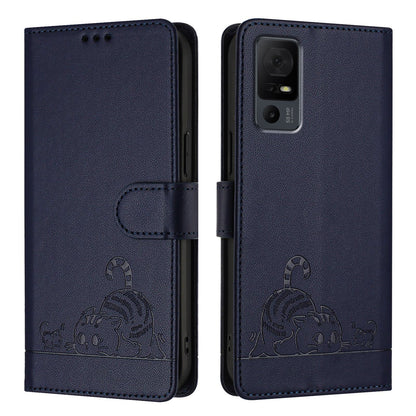 TCL 40 XL Leather Phone Case with Cat and Rat Embossed Pattern, RFID Protection, Card Holder Slots, Anti-fall Feature & Lanyard