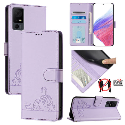 TCL 40 XL Leather Phone Case with Cat and Rat Embossed Pattern, RFID Protection, Card Holder Slots, Anti-fall Feature & Lanyard