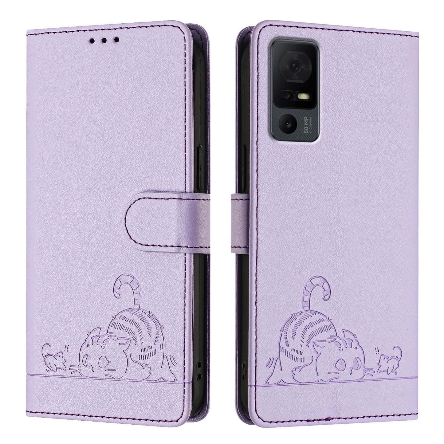 TCL 40 XL Leather Phone Case with Cat and Rat Embossed Pattern, RFID Protection, Card Holder Slots, Anti-fall Feature & Lanyard