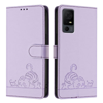 TCL 40 XL Leather Phone Case with Cat and Rat Embossed Pattern, RFID Protection, Card Holder Slots, Anti-fall Feature & Lanyard