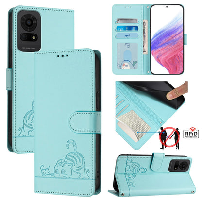TCL 50 LE 5G Leather Phone Case with Cat and Rat Embossed Pattern, RFID Protection, Card Holder Slots, Anti-fall Feature & Lanyard
