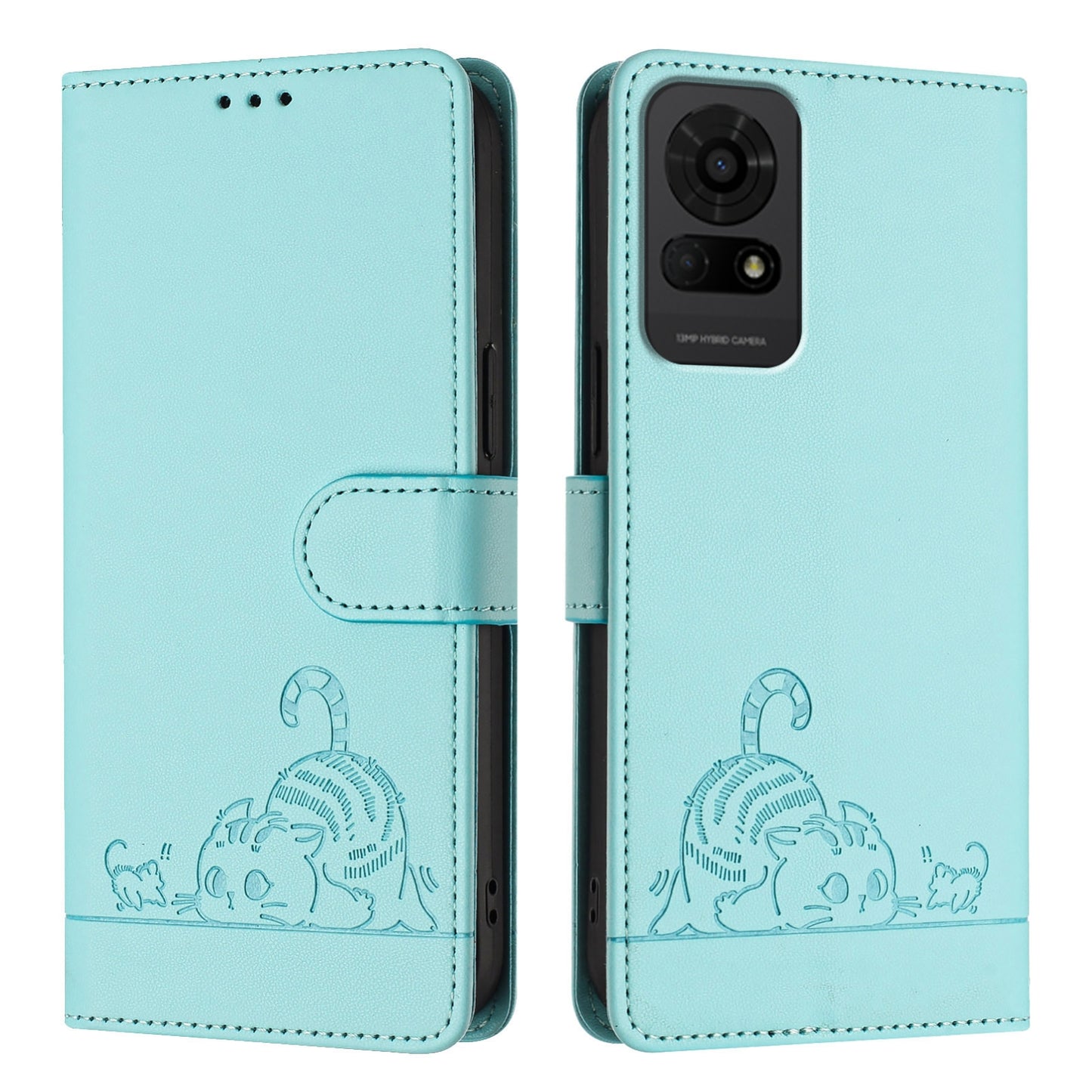 TCL 50 LE 5G Leather Phone Case with Cat and Rat Embossed Pattern, RFID Protection, Card Holder Slots, Anti-fall Feature & Lanyard