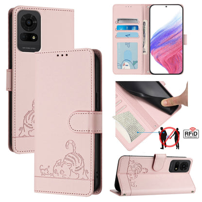 TCL 50 LE 5G Leather Phone Case with Cat and Rat Embossed Pattern, RFID Protection, Card Holder Slots, Anti-fall Feature & Lanyard