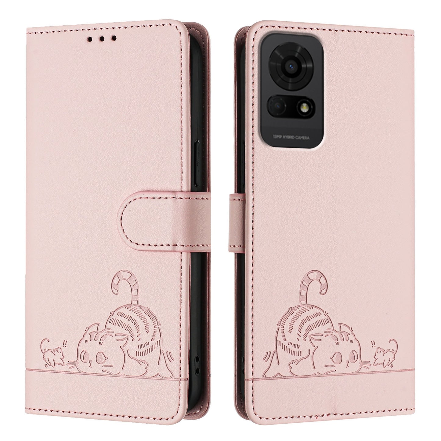 TCL 50 LE 5G Leather Phone Case with Cat and Rat Embossed Pattern, RFID Protection, Card Holder Slots, Anti-fall Feature & Lanyard