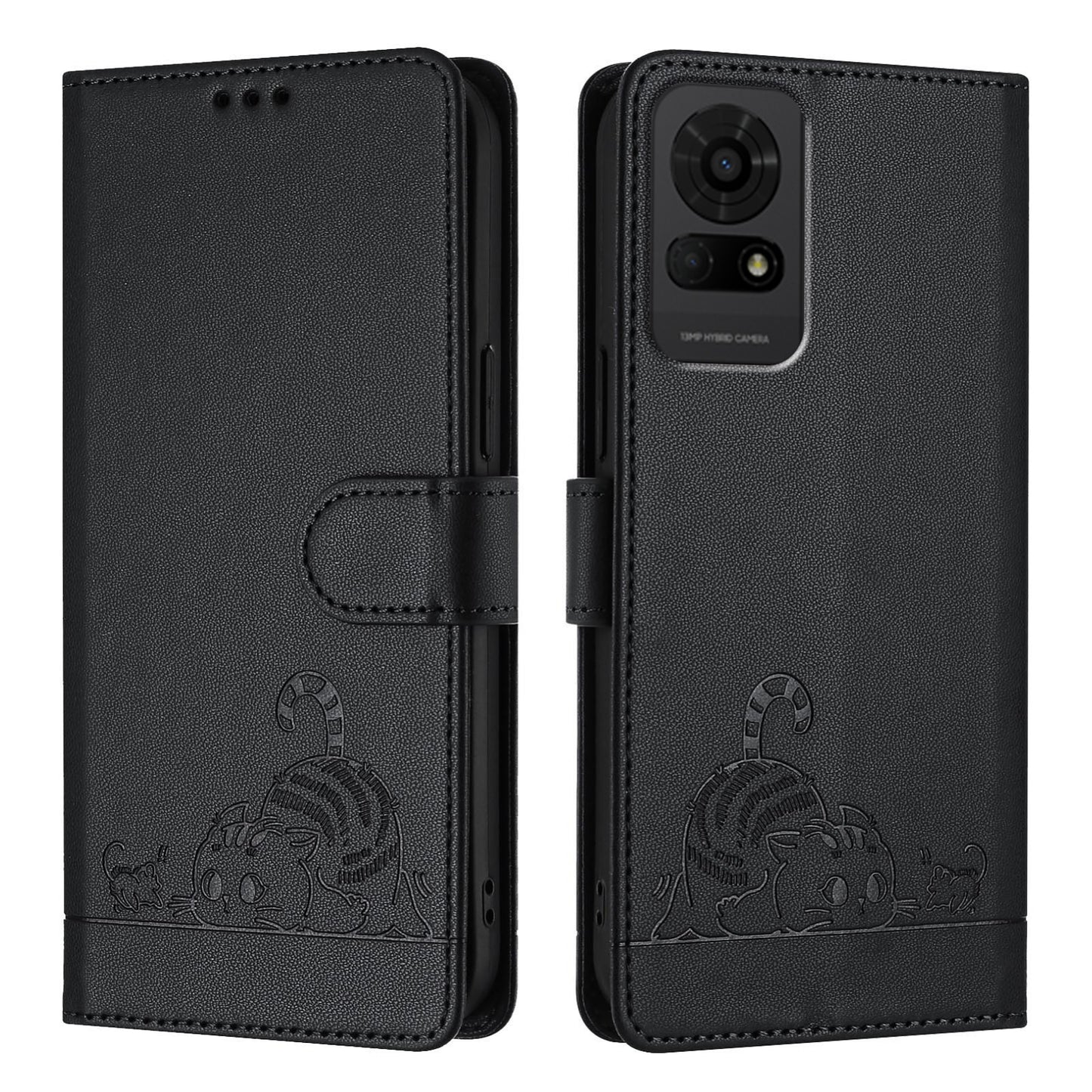 TCL 50 LE 5G Leather Phone Case with Cat and Rat Embossed Pattern, RFID Protection, Card Holder Slots, Anti-fall Feature & Lanyard