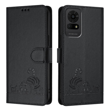 TCL 50 LE 5G Leather Phone Case with Cat and Rat Embossed Pattern, RFID Protection, Card Holder Slots, Anti-fall Feature & Lanyard