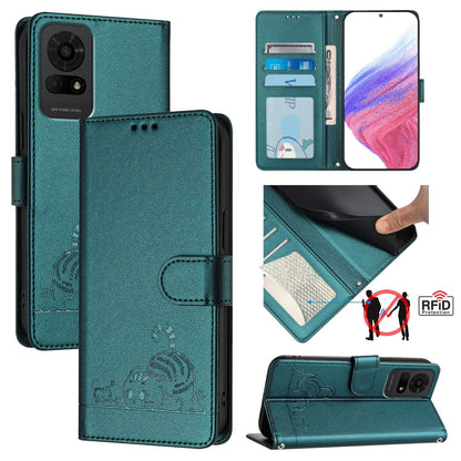 TCL 50 LE 5G Leather Phone Case with Cat and Rat Embossed Pattern, RFID Protection, Card Holder Slots, Anti-fall Feature & Lanyard