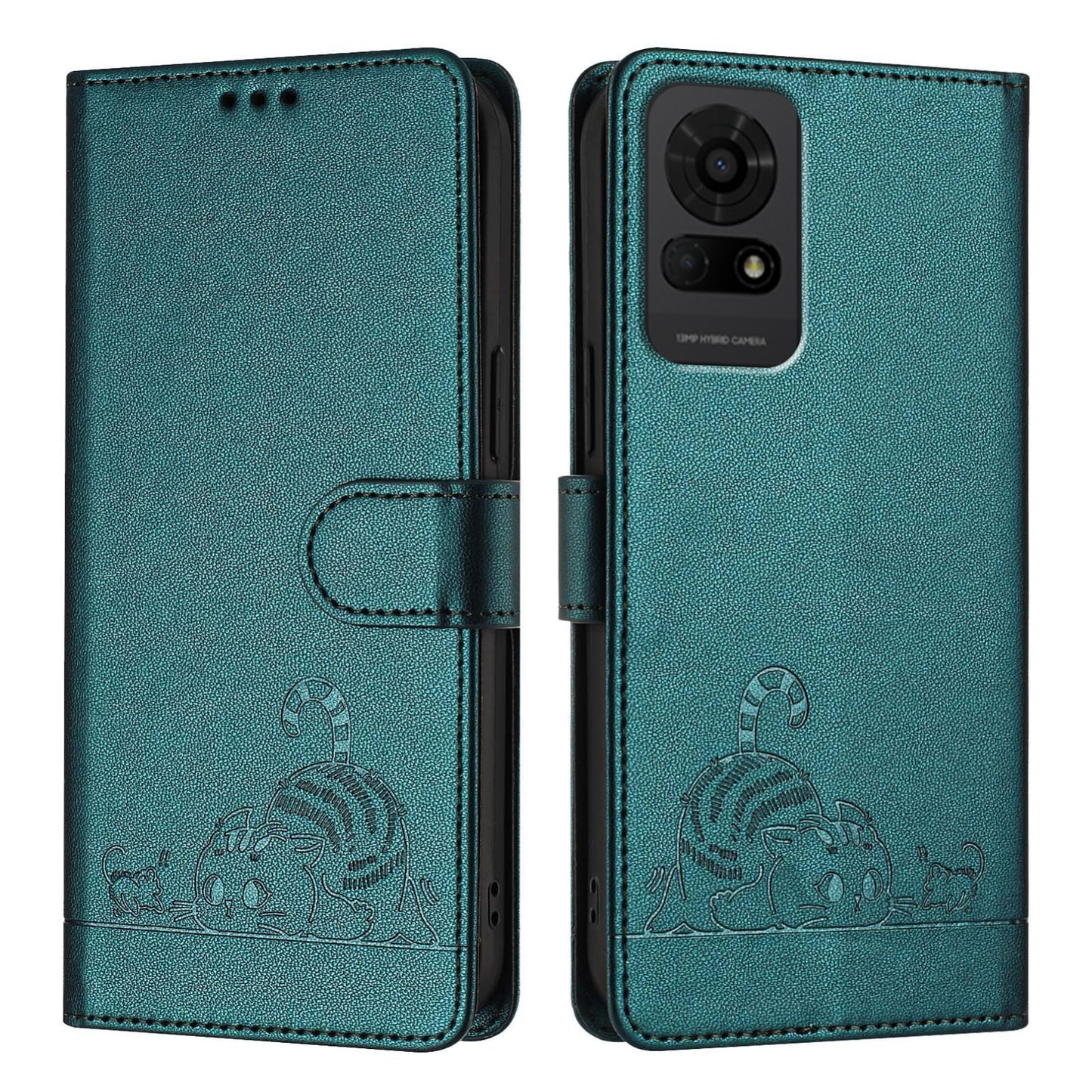 TCL 50 LE 5G Leather Phone Case with Cat and Rat Embossed Pattern, RFID Protection, Card Holder Slots, Anti-fall Feature & Lanyard