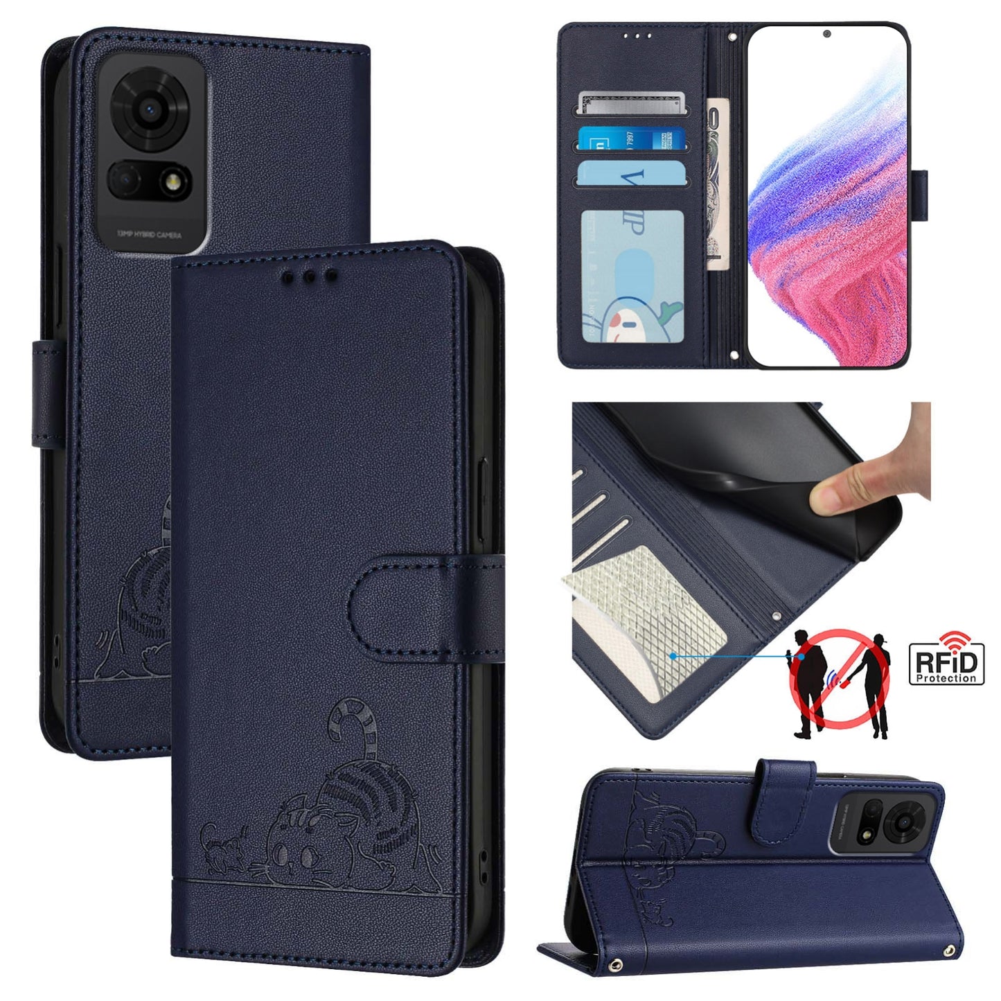 TCL 50 LE 5G Leather Phone Case with Cat and Rat Embossed Pattern, RFID Protection, Card Holder Slots, Anti-fall Feature & Lanyard
