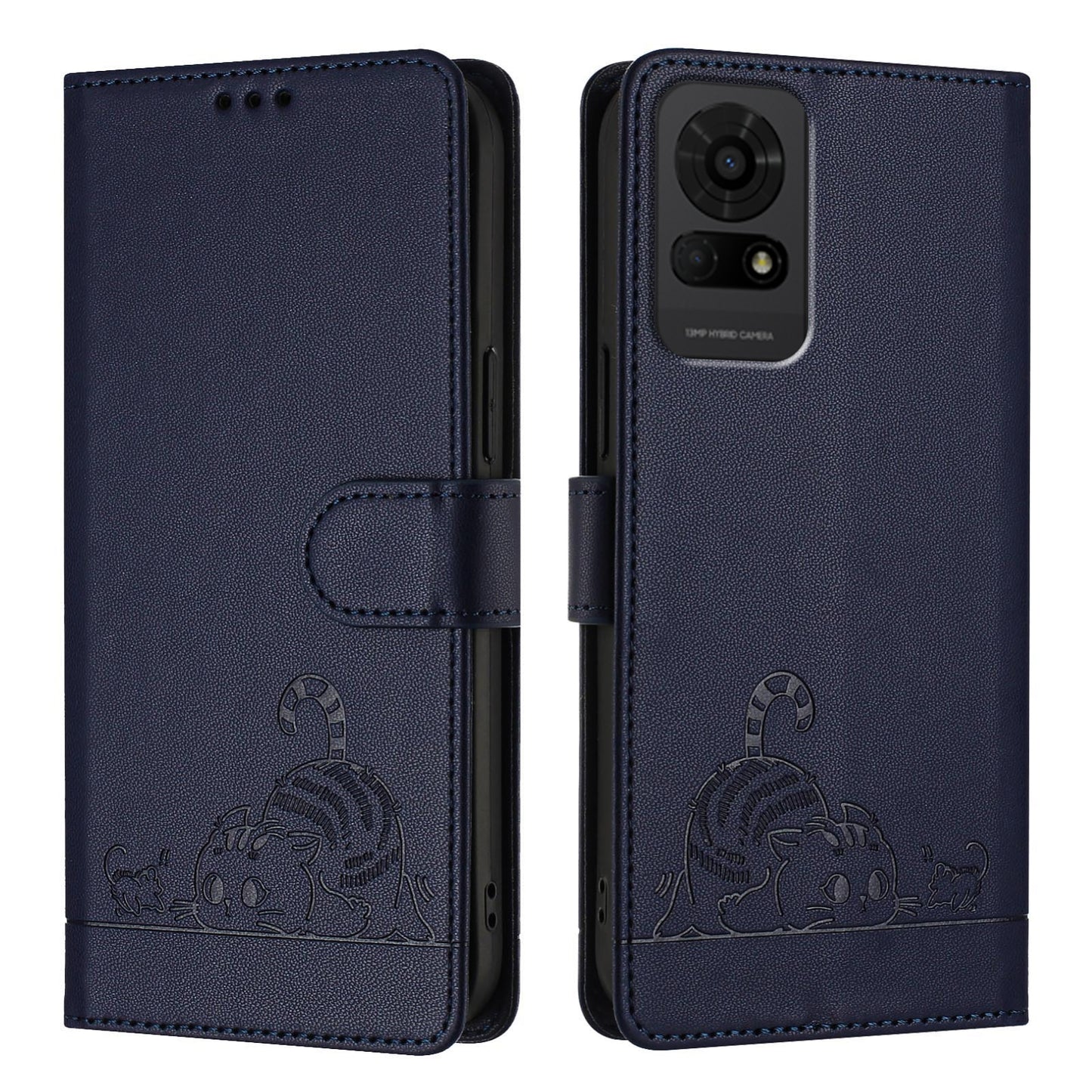TCL 50 LE 5G Leather Phone Case with Cat and Rat Embossed Pattern, RFID Protection, Card Holder Slots, Anti-fall Feature & Lanyard