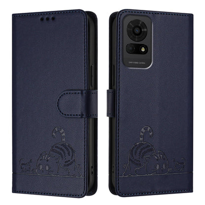 TCL 50 LE 5G Leather Phone Case with Cat and Rat Embossed Pattern, RFID Protection, Card Holder Slots, Anti-fall Feature & Lanyard