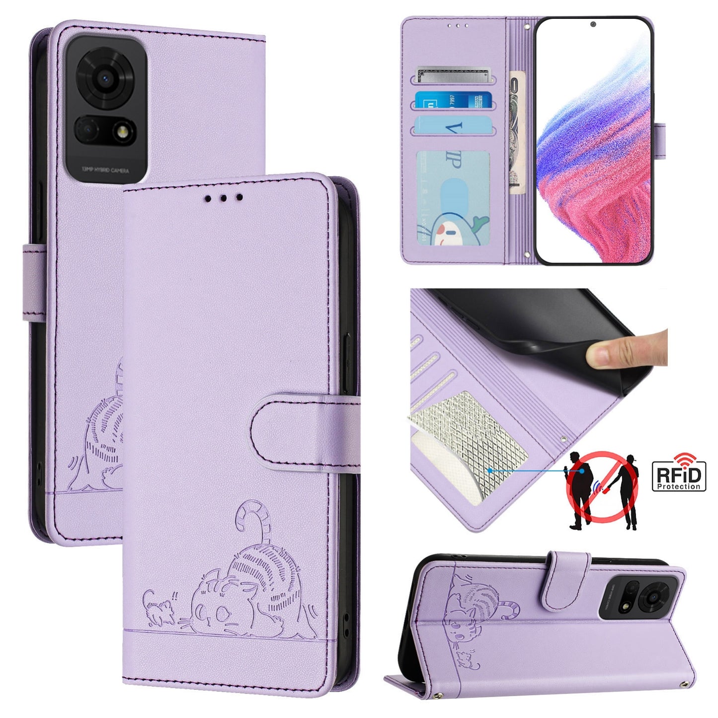 TCL 50 LE 5G Leather Phone Case with Cat and Rat Embossed Pattern, RFID Protection, Card Holder Slots, Anti-fall Feature & Lanyard