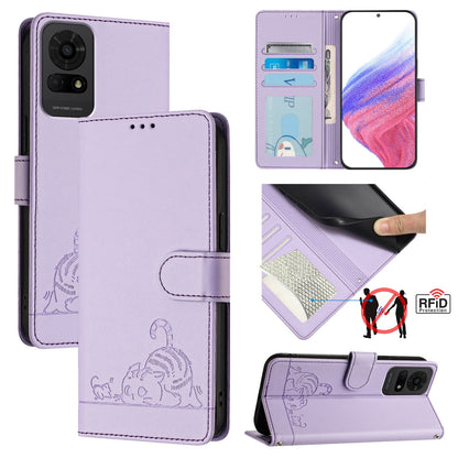 TCL 50 LE 5G Leather Phone Case with Cat and Rat Embossed Pattern, RFID Protection, Card Holder Slots, Anti-fall Feature & Lanyard
