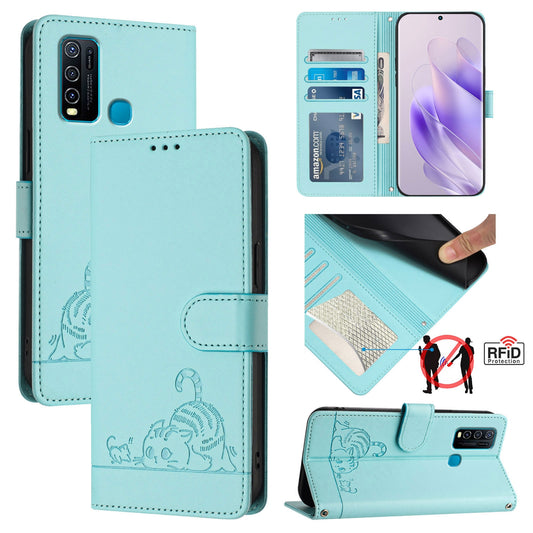 vivo Y30 4G Global Leather Phone Case with Cat and Rat Embossed Pattern, RFID Protection, Card Holder Slots, Anti-fall Feature & Lanyard