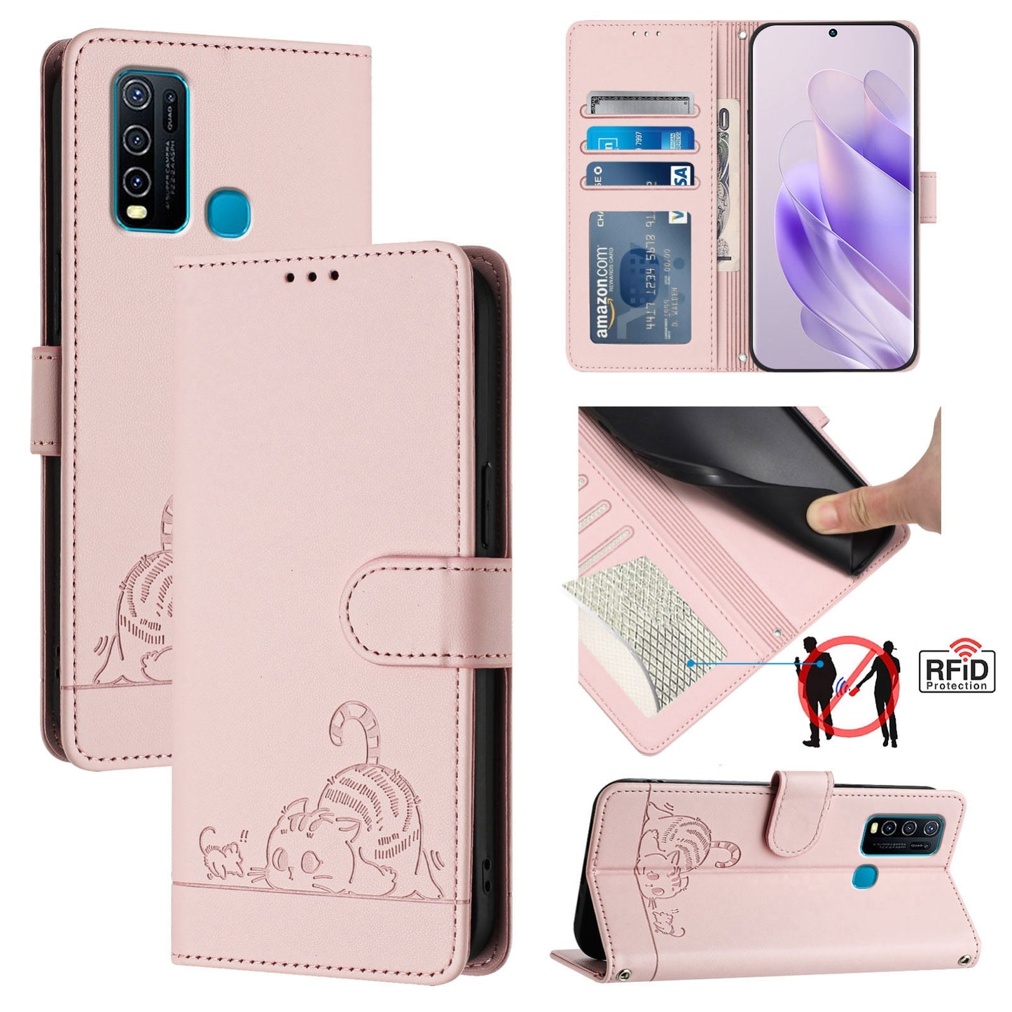 vivo Y30 4G Global Leather Phone Case with Cat and Rat Embossed Pattern, RFID Protection, Card Holder Slots, Anti-fall Feature & Lanyard