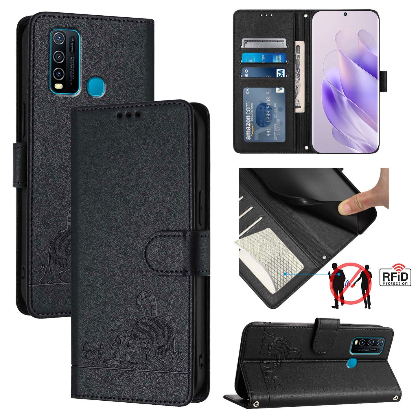 vivo Y30 4G Global Leather Phone Case with Cat and Rat Embossed Pattern, RFID Protection, Card Holder Slots, Anti-fall Feature & Lanyard