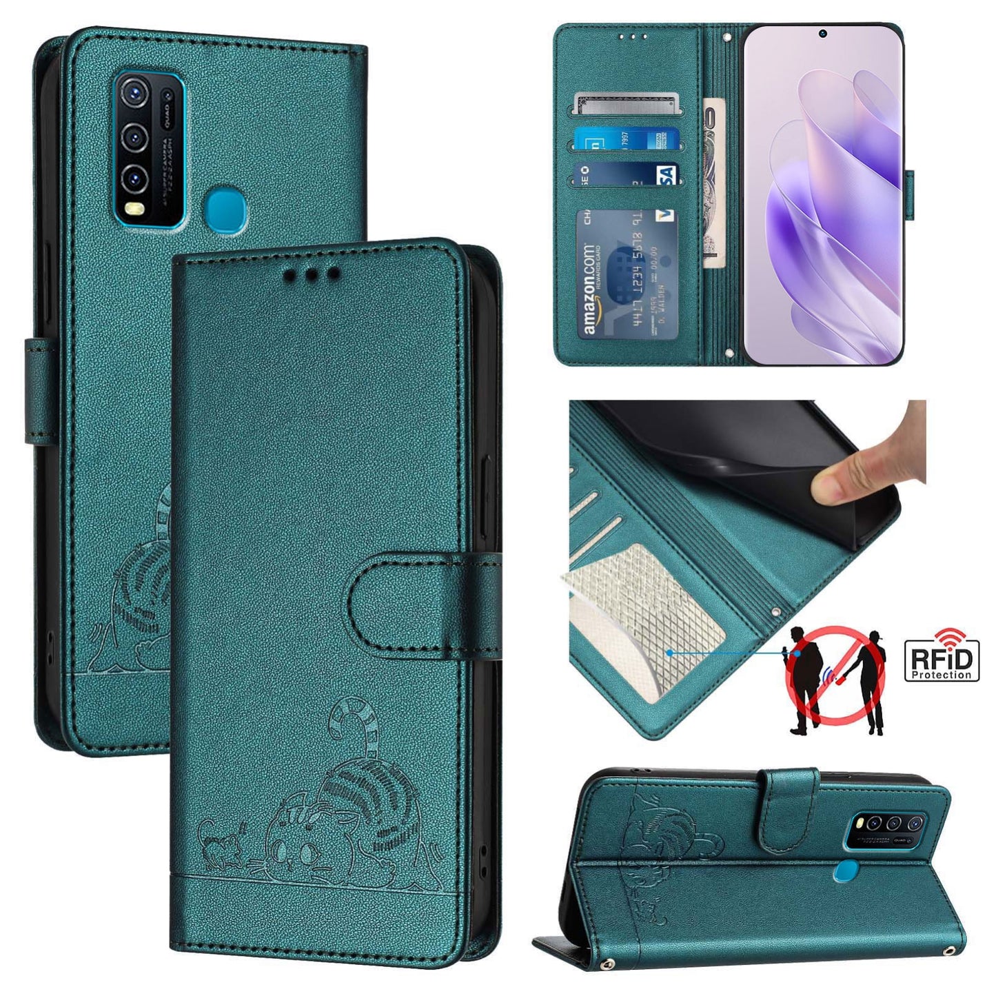 vivo Y30 4G Global Leather Phone Case with Cat and Rat Embossed Pattern, RFID Protection, Card Holder Slots, Anti-fall Feature & Lanyard