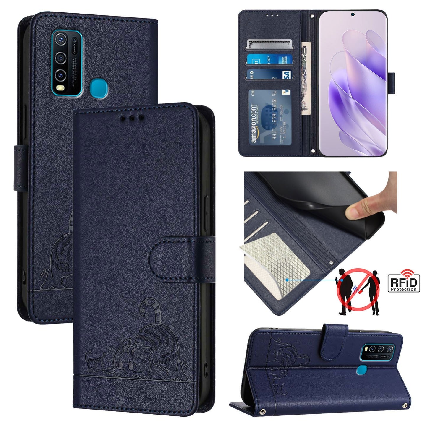 vivo Y30 4G Global Leather Phone Case with Cat and Rat Embossed Pattern, RFID Protection, Card Holder Slots, Anti-fall Feature & Lanyard