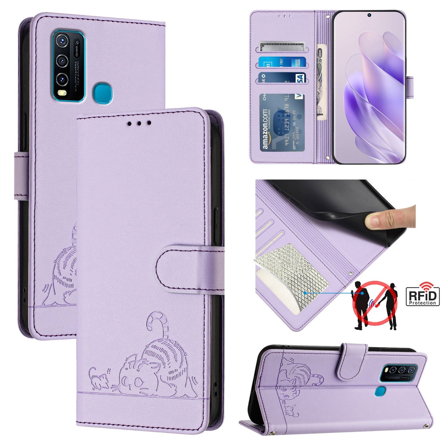 vivo Y30 4G Global Leather Phone Case with Cat and Rat Embossed Pattern, RFID Protection, Card Holder Slots, Anti-fall Feature & Lanyard