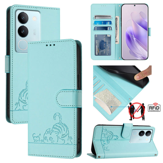 vivo V29 Pro Leather Phone Case with Cat and Rat Embossed Pattern, RFID Protection, Card Holder Slots, Anti-fall Feature & Lanyard