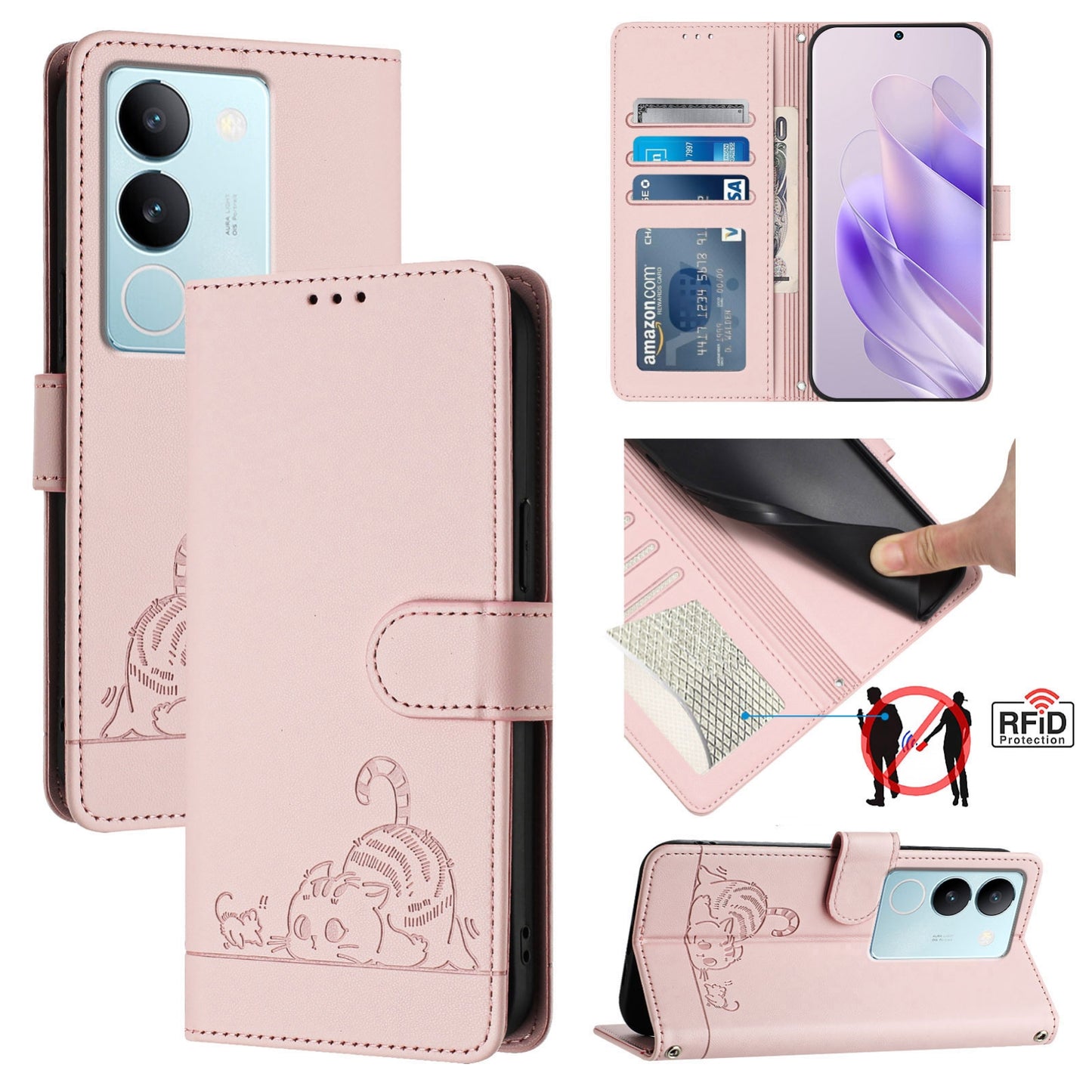 vivo V29 5G Global Leather Phone Case with Cat and Rat Embossed Pattern, RFID Protection, Card Holder Slots, Anti-fall Feature & Lanyard