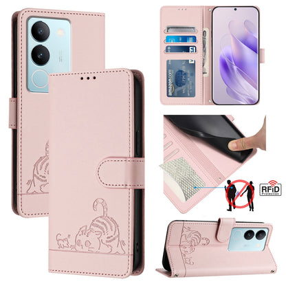 vivo V29 Pro Leather Phone Case with Cat and Rat Embossed Pattern, RFID Protection, Card Holder Slots, Anti-fall Feature & Lanyard