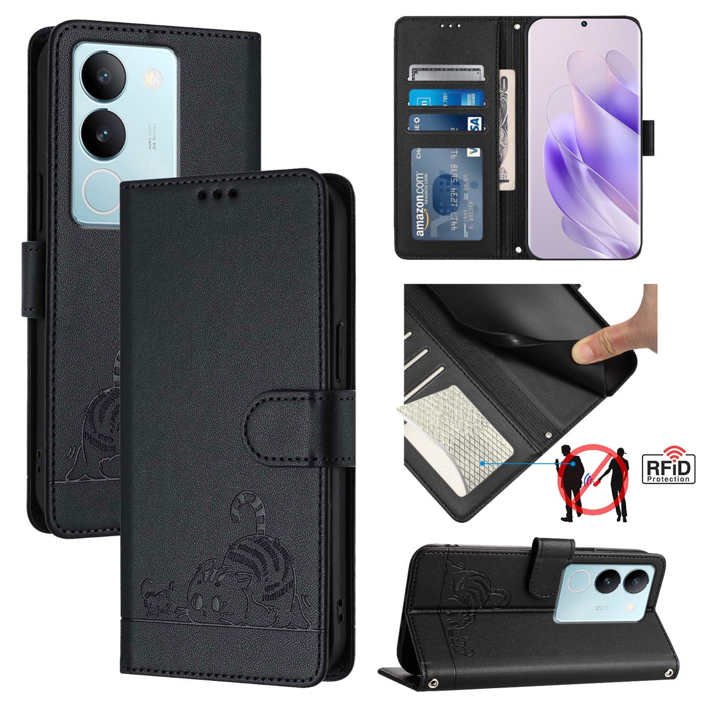 vivo V29 5G Global Leather Phone Case with Cat and Rat Embossed Pattern, RFID Protection, Card Holder Slots, Anti-fall Feature & Lanyard