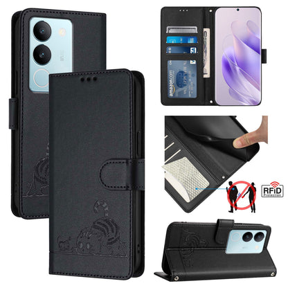 vivo V29 5G Global Leather Phone Case with Cat and Rat Embossed Pattern, RFID Protection, Card Holder Slots, Anti-fall Feature & Lanyard