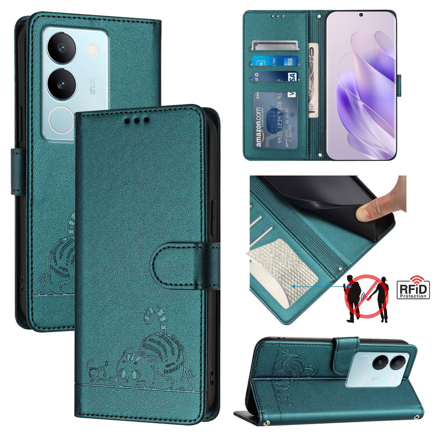 vivo V29 5G Global Leather Phone Case with Cat and Rat Embossed Pattern, RFID Protection, Card Holder Slots, Anti-fall Feature & Lanyard