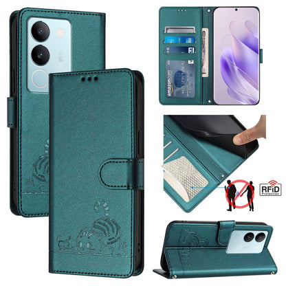 vivo V29 5G Global Leather Phone Case with Cat and Rat Embossed Pattern, RFID Protection, Card Holder Slots, Anti-fall Feature & Lanyard