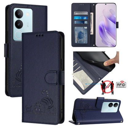 vivo V29 5G Global Leather Phone Case with Cat and Rat Embossed Pattern, RFID Protection, Card Holder Slots, Anti-fall Feature & Lanyard