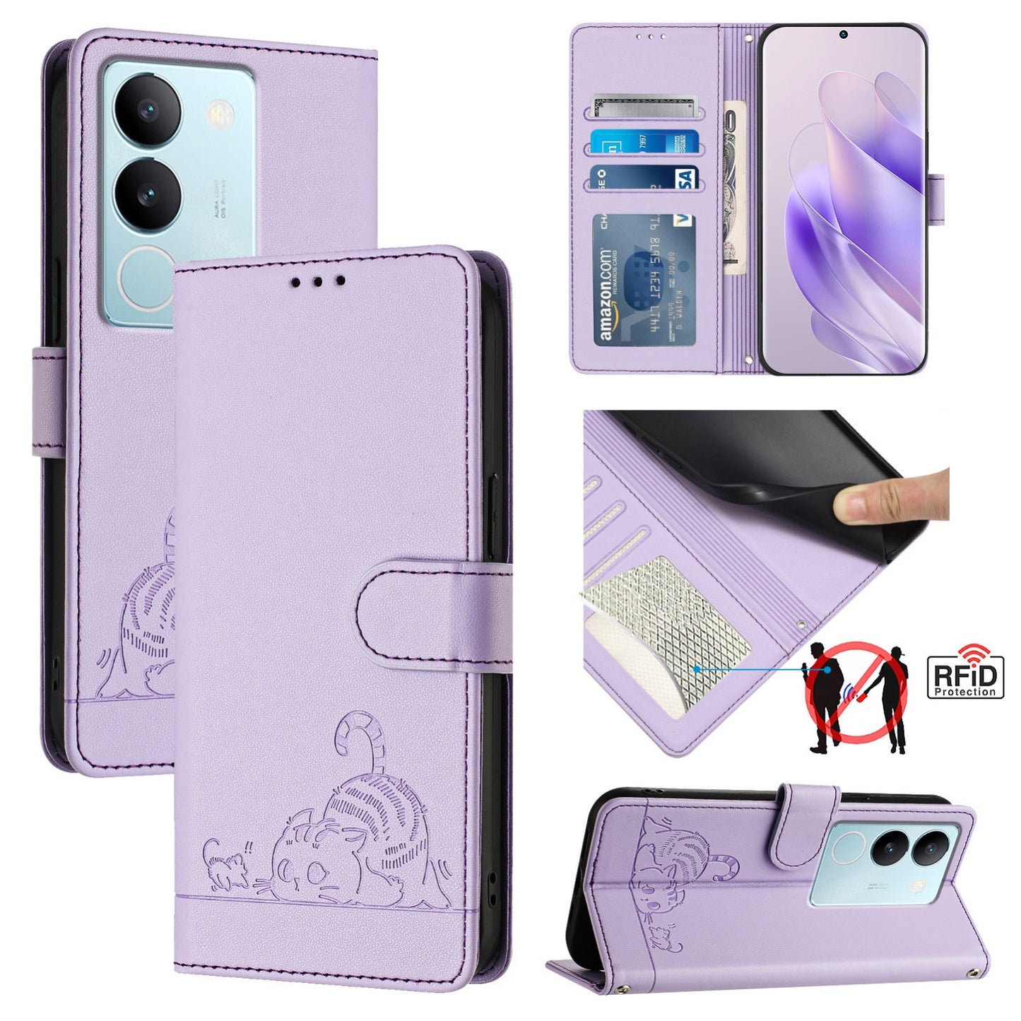 vivo V29 Pro Leather Phone Case with Cat and Rat Embossed Pattern, RFID Protection, Card Holder Slots, Anti-fall Feature & Lanyard