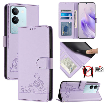 vivo V29 Pro Leather Phone Case with Cat and Rat Embossed Pattern, RFID Protection, Card Holder Slots, Anti-fall Feature & Lanyard