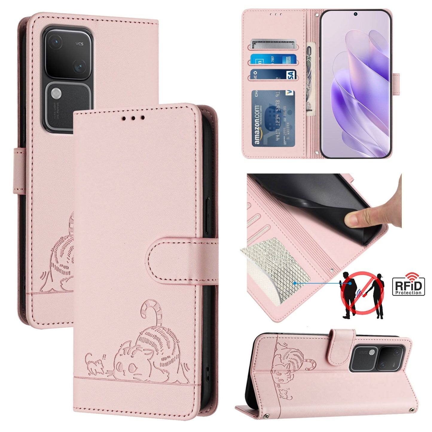 vivo V30 5G Global Leather Phone Case with Cat and Rat Embossed Pattern, RFID Protection, Card Holder Slots, Anti-fall Feature & Lanyard