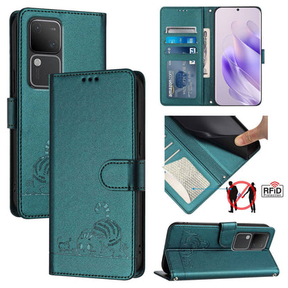 vivo V30 5G Global Leather Phone Case with Cat and Rat Embossed Pattern, RFID Protection, Card Holder Slots, Anti-fall Feature & Lanyard