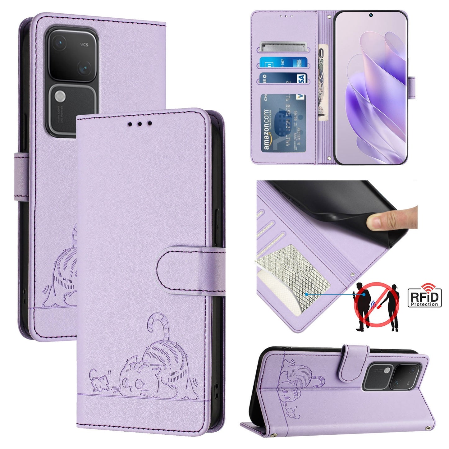 vivo V30 5G Global Leather Phone Case with Cat and Rat Embossed Pattern, RFID Protection, Card Holder Slots, Anti-fall Feature & Lanyard