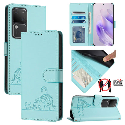 vivo V30 Pro 5G Global Leather Phone Case with Cat and Rat Embossed Pattern, RFID Protection, Card Holder Slots, Anti-fall Feature & Lanyard