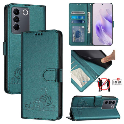 vivo V27 5G Global Leather Phone Case with Cat and Rat Embossed Pattern, RFID Protection, Card Holder Slots, Anti-fall Feature & Lanyard